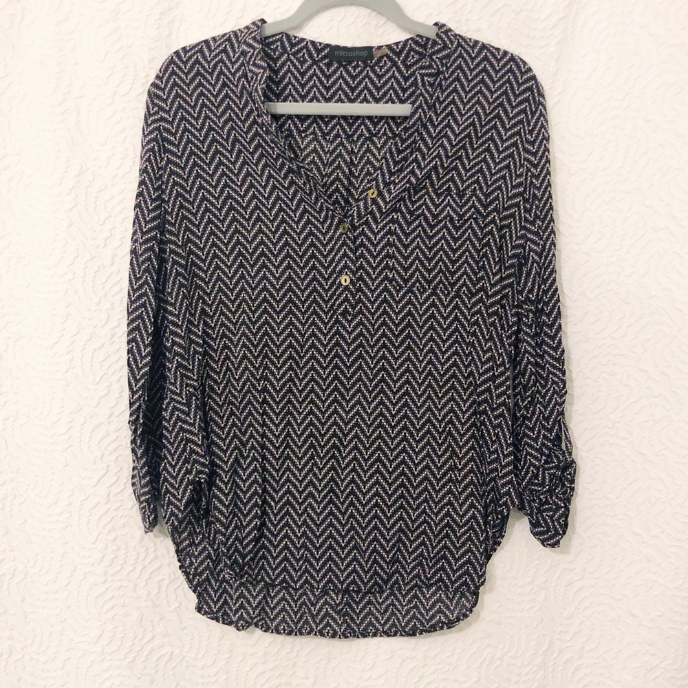 Mittoshop Navy Chevron Design Long Sleeve Blouse